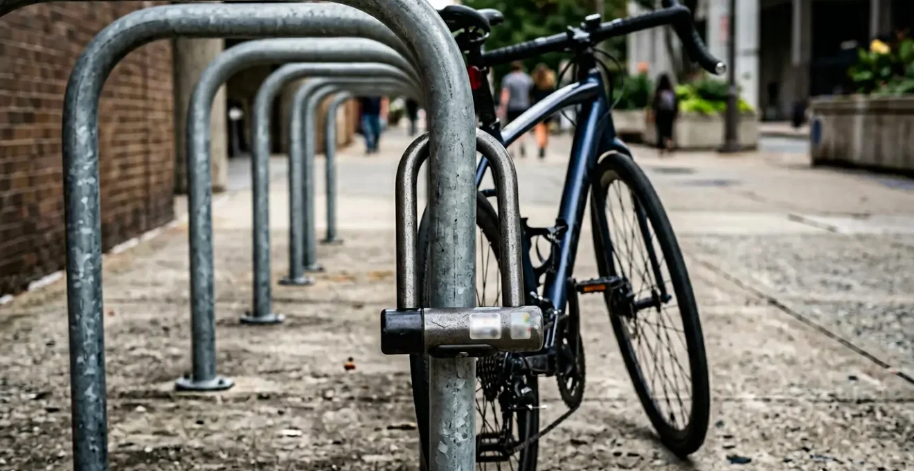Vue détaillée d'un antivol U certifié attachant un vélo à un arceau urbain, avec focus sur les logos de certification