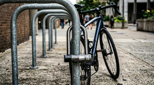 Vue détaillée d'un antivol U certifié attachant un vélo à un arceau urbain, avec focus sur les logos de certification
