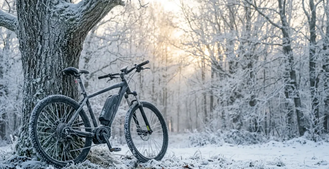 Batterie de vélo électrique recouverte de givre en conditions hivernales