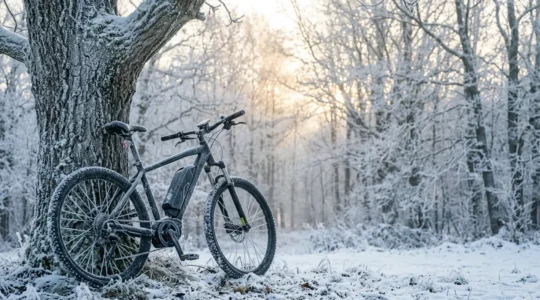 Batterie de vélo électrique recouverte de givre en conditions hivernales