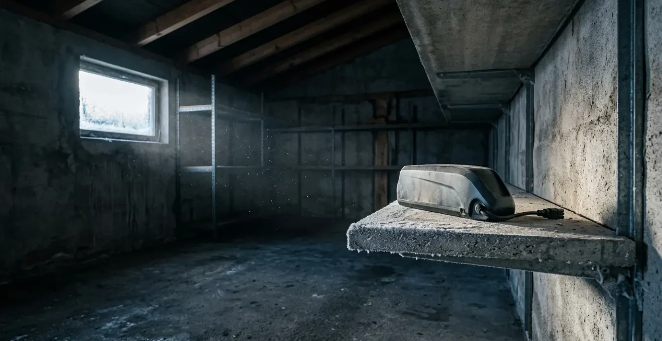 Batterie de vélo électrique posée dans un garage froid en hiver