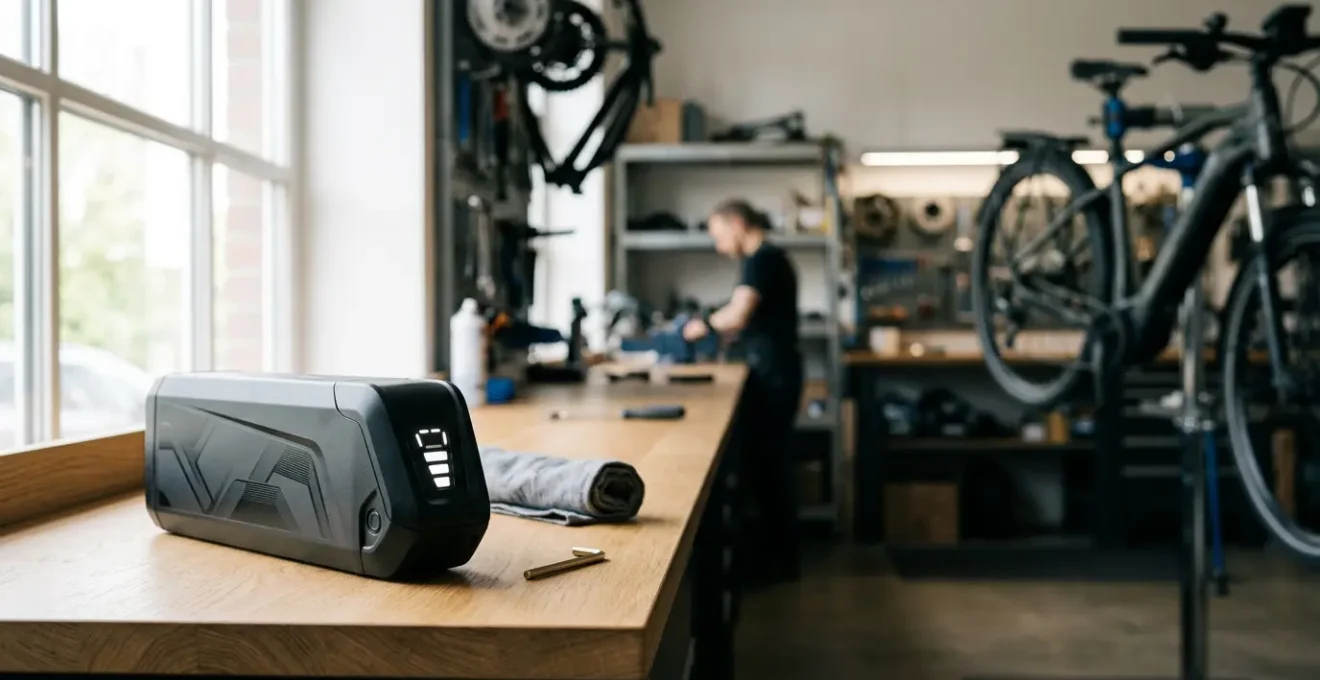Batterie de vélo électrique moderne avec indicateur de charge partielle montrant environ 60% dans un environnement d'atelier propre
