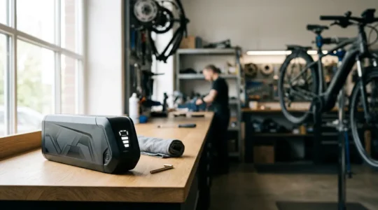 Batterie de vélo électrique moderne avec indicateur de charge partielle montrant environ 60% dans un environnement d'atelier propre