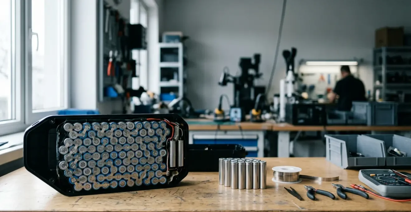 Batterie de vélo électrique en cours de reconditionnement dans un atelier professionnel