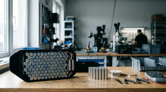 Batterie de vélo électrique en cours de reconditionnement dans un atelier professionnel
