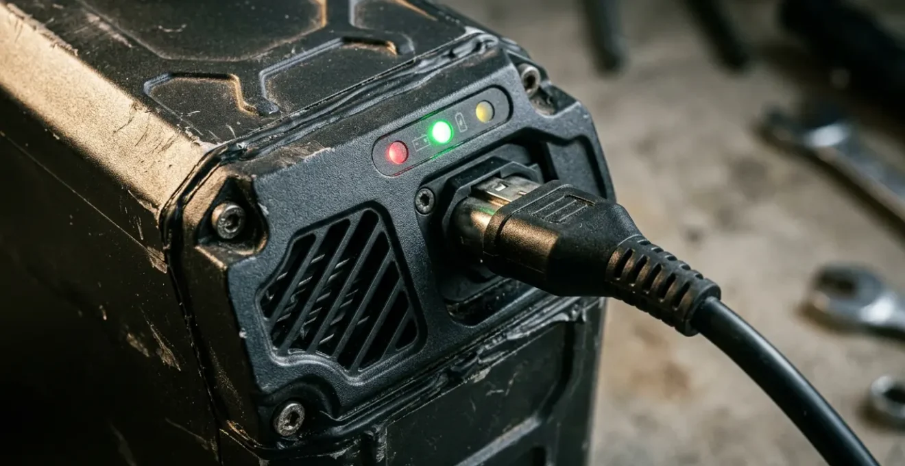 Vue rapprochée d'une batterie de vélo électrique en cours de charge dans un environnement sécurisé