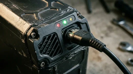 Vue rapprochée d'une batterie de vélo électrique en cours de charge dans un environnement sécurisé