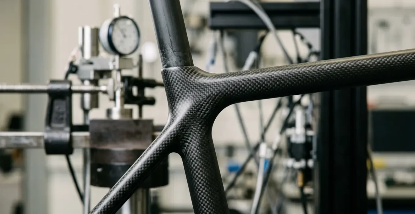 Test de résistance d'un cadre carbone de vélo soumis à une force latérale en laboratoire