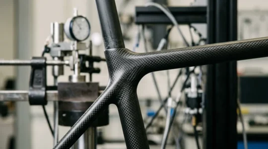 Test de résistance d'un cadre carbone de vélo soumis à une force latérale en laboratoire