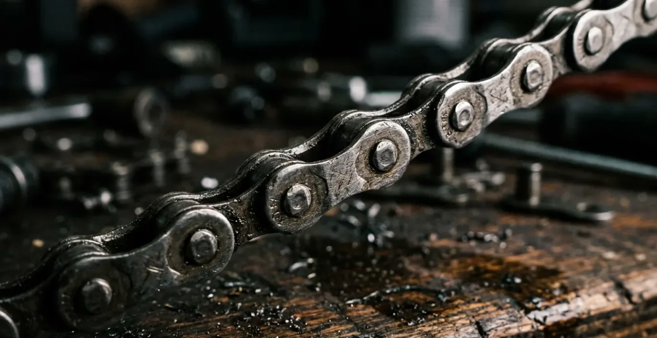 Chaîne renforcée pour vélo électrique avec détails de maillons et traitement de surface visible