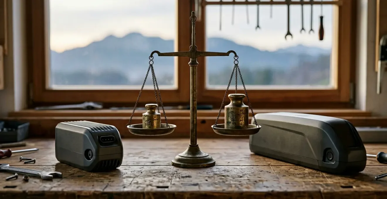 Comparaison visuelle de deux batteries de vélo électrique sur un établi d'atelier