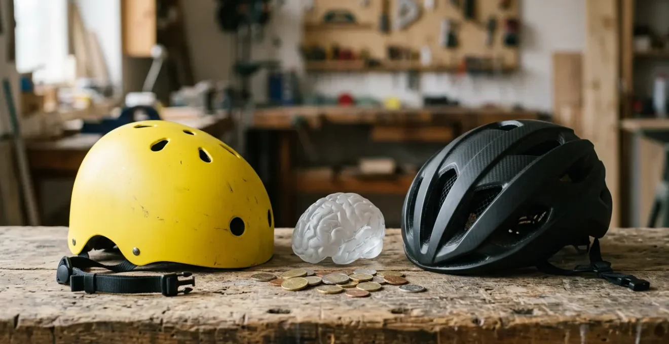 Comparaison visuelle entre un casque de vélo économique rond et un casque aérodynamique angulaire posés sur une surface en bois