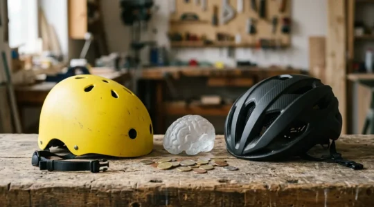 Comparaison visuelle entre un casque de vélo économique rond et un casque aérodynamique angulaire posés sur une surface en bois