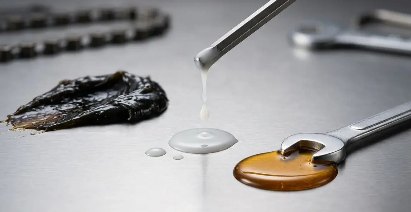 Comparaison visuelle entre différents types de lubrifiants pour chaîne de vélo avec leurs textures distinctives