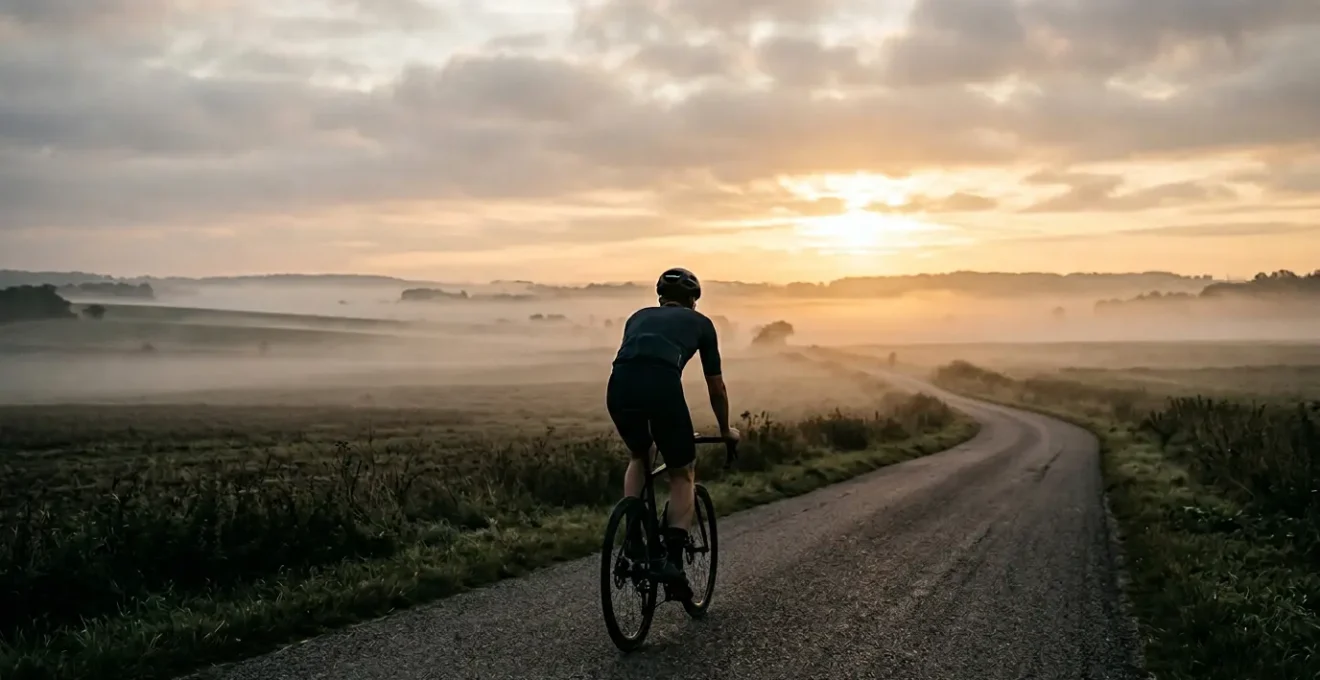 Cycliste seul pédalant sur une route de campagne brumeuse au lever du soleil