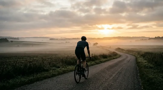 Cycliste seul pédalant sur une route de campagne brumeuse au lever du soleil