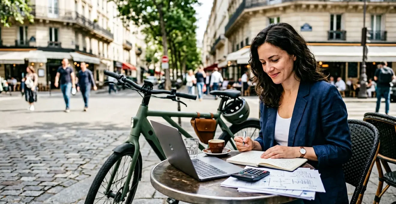 Un cycliste consulte des documents administratifs sur les aides pour vélo électrique avec son VAE à côté