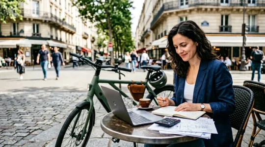 Un cycliste consulte des documents administratifs sur les aides pour vélo électrique avec son VAE à côté