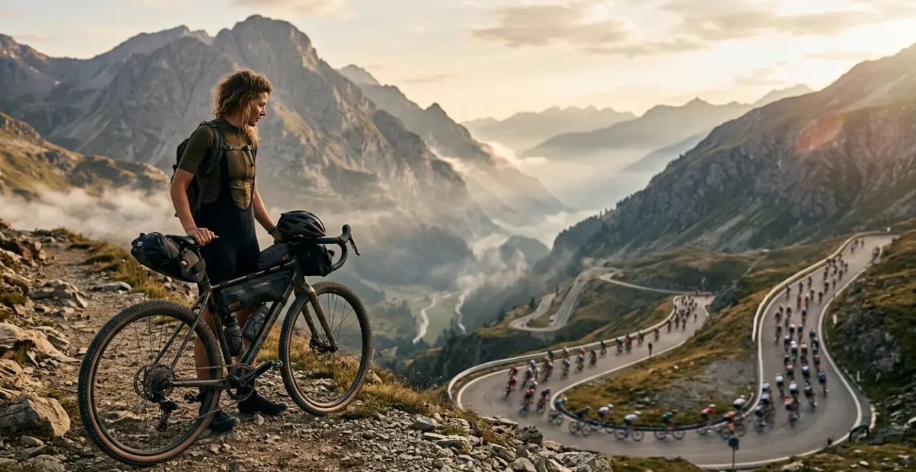 Cycliste contemplatif au sommet d'une montagne regardant des cyclistes s'affronter dans la vallée