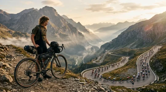 Cycliste contemplatif au sommet d'une montagne regardant des cyclistes s'affronter dans la vallée
