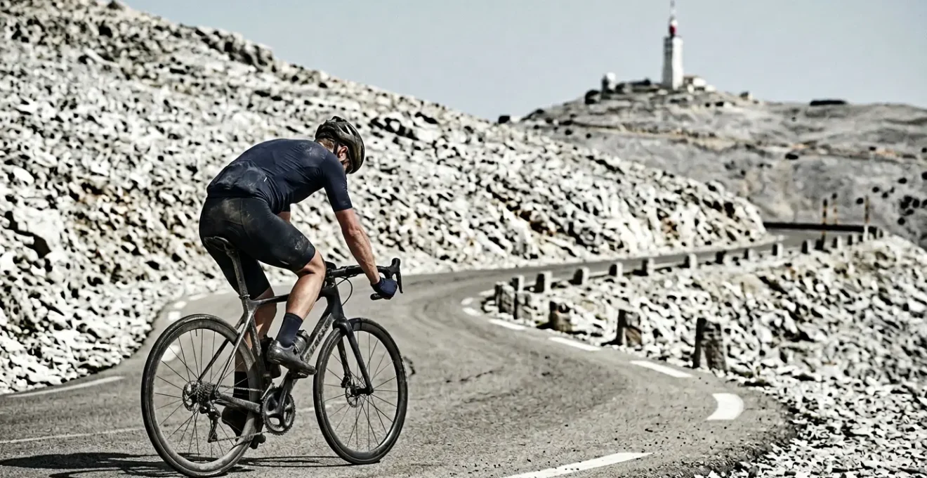 Cycliste en difficulté dans le dernier virage du Mont Ventoux