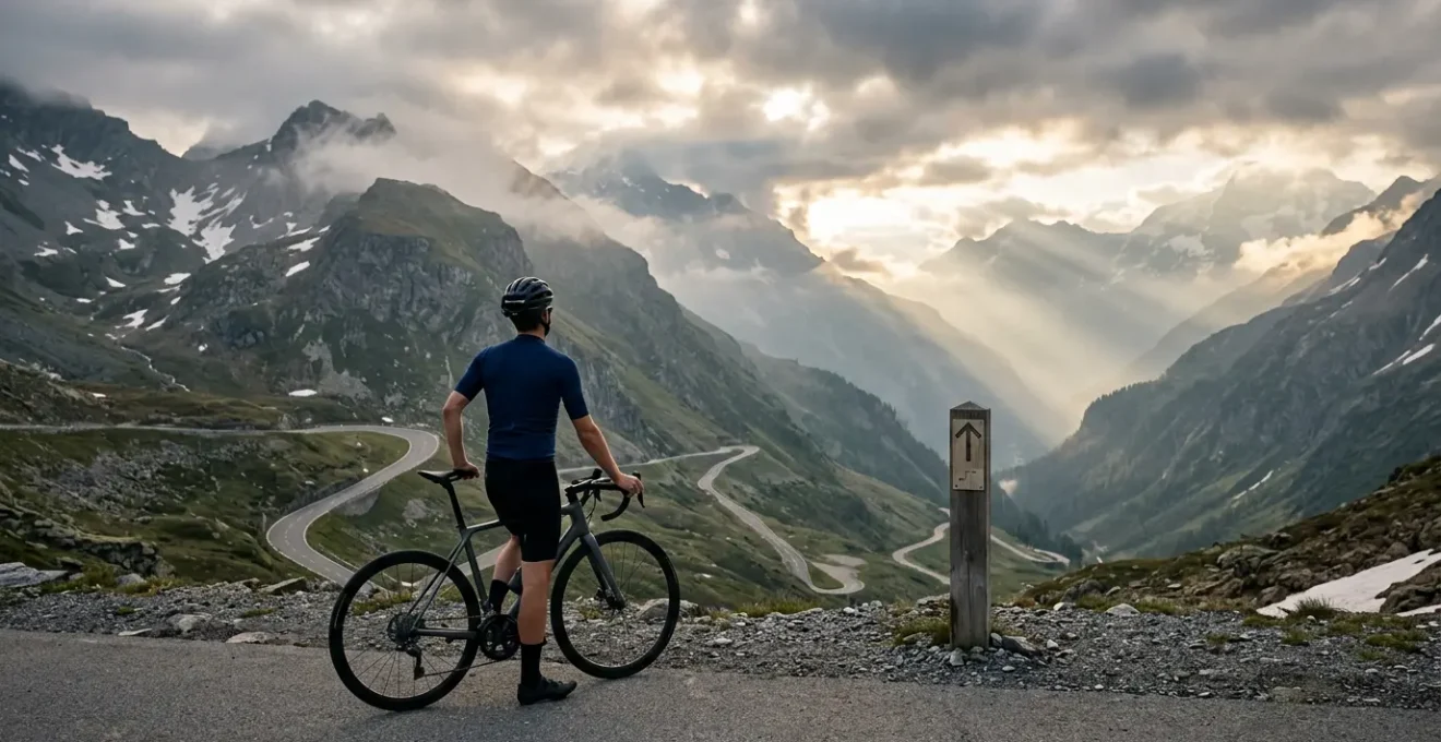 Cycliste contemplant un panneau indiquant sommet à 12 kilomètres dans un col de montagne