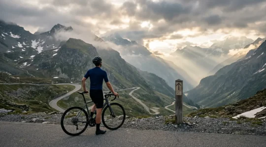 Cycliste contemplant un panneau indiquant sommet à 12 kilomètres dans un col de montagne