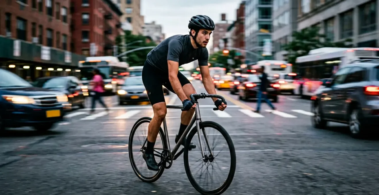 Cycliste sur vélo fixie approchant une intersection urbaine avec concentration et maîtrise