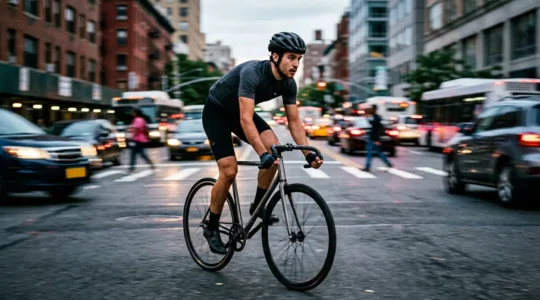 Cycliste sur vélo fixie approchant une intersection urbaine avec concentration et maîtrise