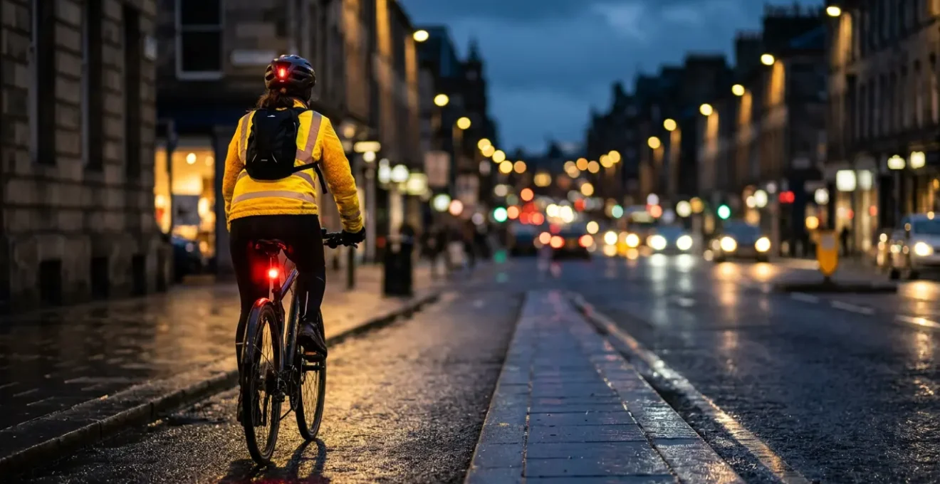 Cycliste visible de nuit en hiver avec éclairage avant et arrière sur route humide