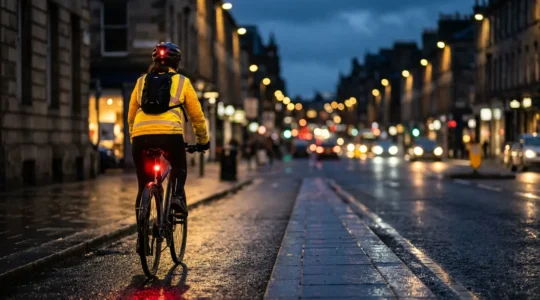 Cycliste visible de nuit en hiver avec éclairage avant et arrière sur route humide