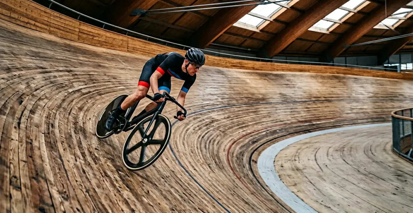 Cycliste en pleine action dans un virage incliné d'un vélodrome en bois, capturant l'angle vertigineux de la piste