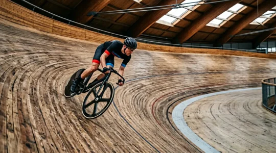 Cycliste en pleine action dans un virage incliné d'un vélodrome en bois, capturant l'angle vertigineux de la piste
