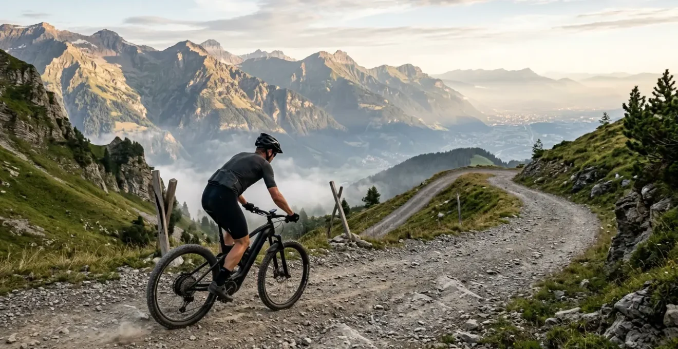 Cycliste gravissant une montée escarpée en vélo électrique avec vue sur vallée alpine