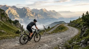 Cycliste gravissant une montée escarpée en vélo électrique avec vue sur vallée alpine
