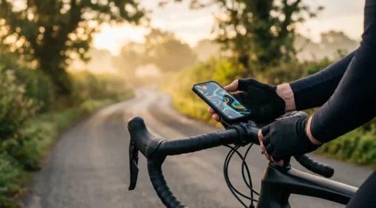 Cycliste étudiant une carte d'itinéraire sur un smartphone monté sur le guidon d'un vélo de route