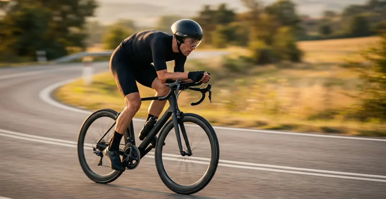 Cycliste professionnel en position aérodynamique sur vélo de route, buste baissé sur fond de route floue