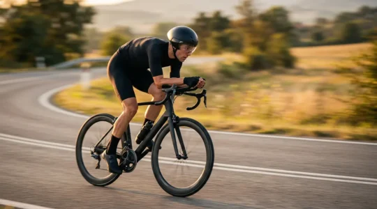 Cycliste professionnel en position aérodynamique sur vélo de route, buste baissé sur fond de route floue