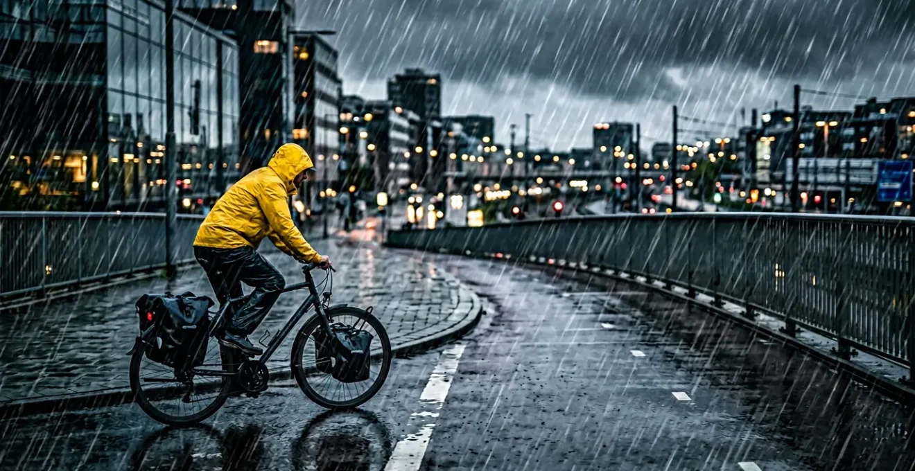 Cycliste urbain équipé contre l'orage avec sacoche étanche pour ordinateur portable
