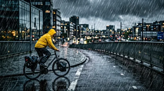 Cycliste urbain équipé contre l'orage avec sacoche étanche pour ordinateur portable