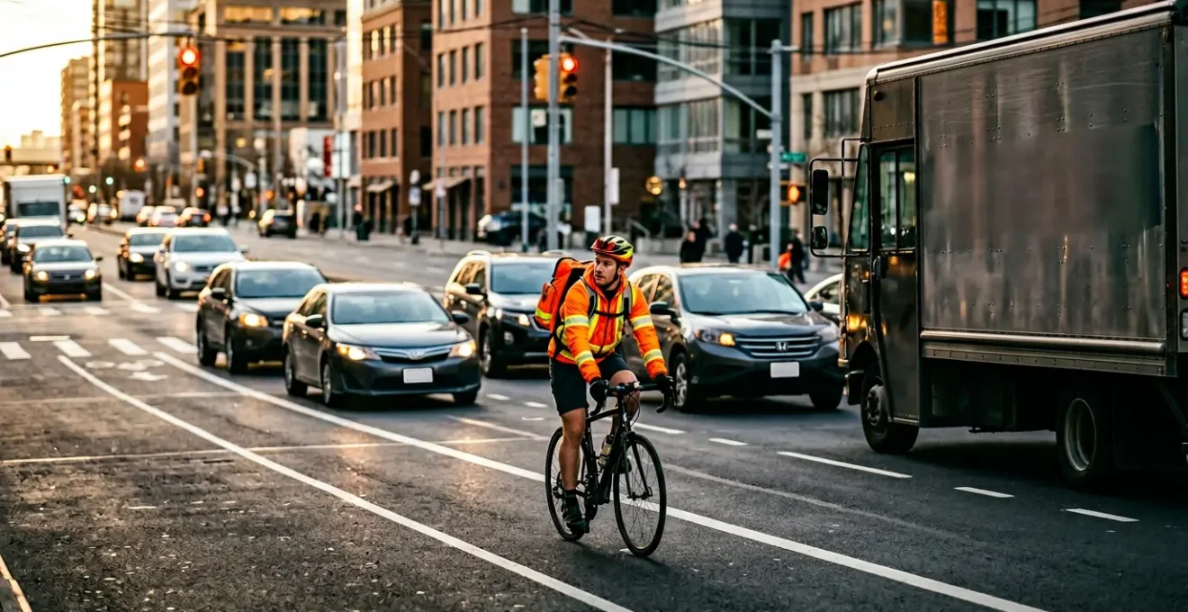 Cycliste en position stratégique dans la circulation urbaine, montrant l'anticipation et la vigilance face aux véhicules