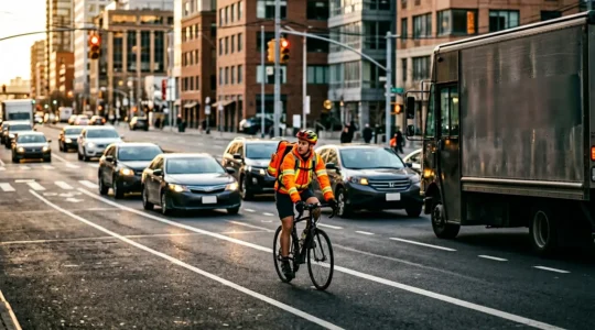 Cycliste en position stratégique dans la circulation urbaine, montrant l'anticipation et la vigilance face aux véhicules
