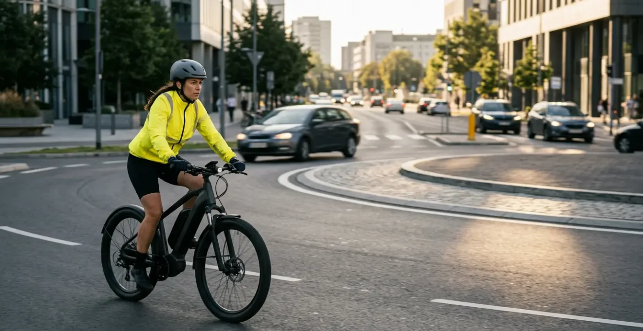 Cycliste en VAE abordant un rond-point urbain avec visibilité et positionnement stratégique