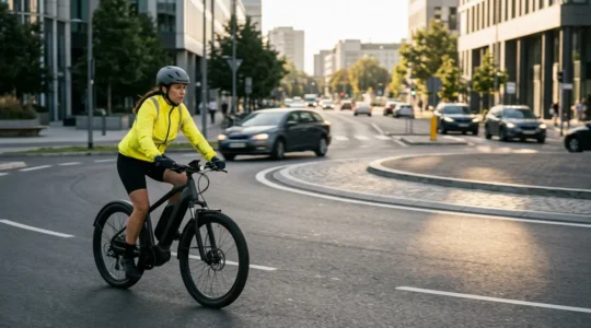 Cycliste en VAE abordant un rond-point urbain avec visibilité et positionnement stratégique