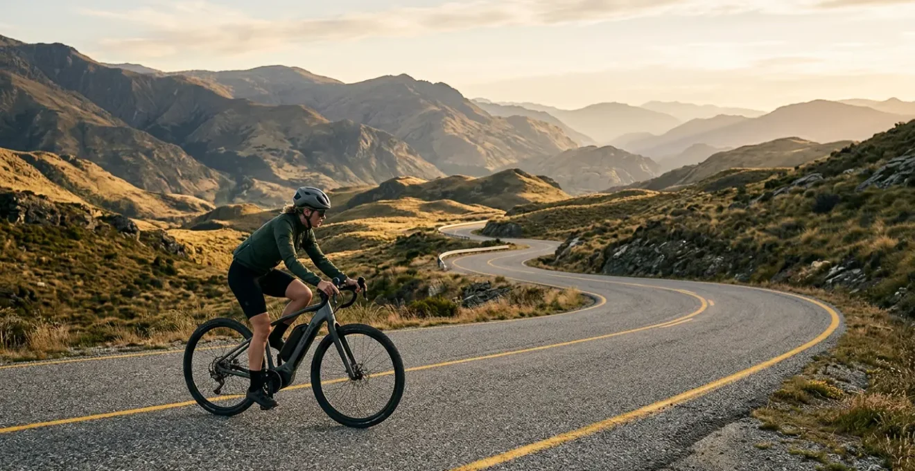 Cycliste sur vélo électrique traversant un paysage vallonné avec batterie visible