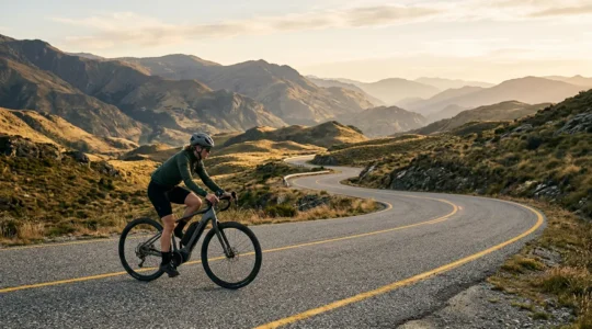 Cycliste sur vélo électrique traversant un paysage vallonné avec batterie visible