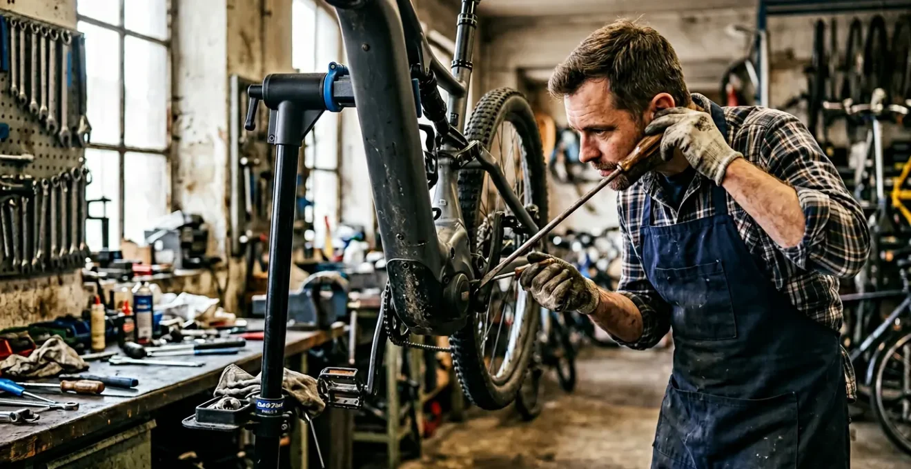 Mécanicien analysant un vélo électrique avec un stéthoscope mécanique pour localiser l'origine d'un bruit