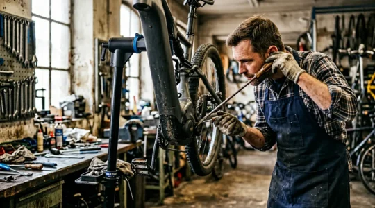Mécanicien analysant un vélo électrique avec un stéthoscope mécanique pour localiser l'origine d'un bruit