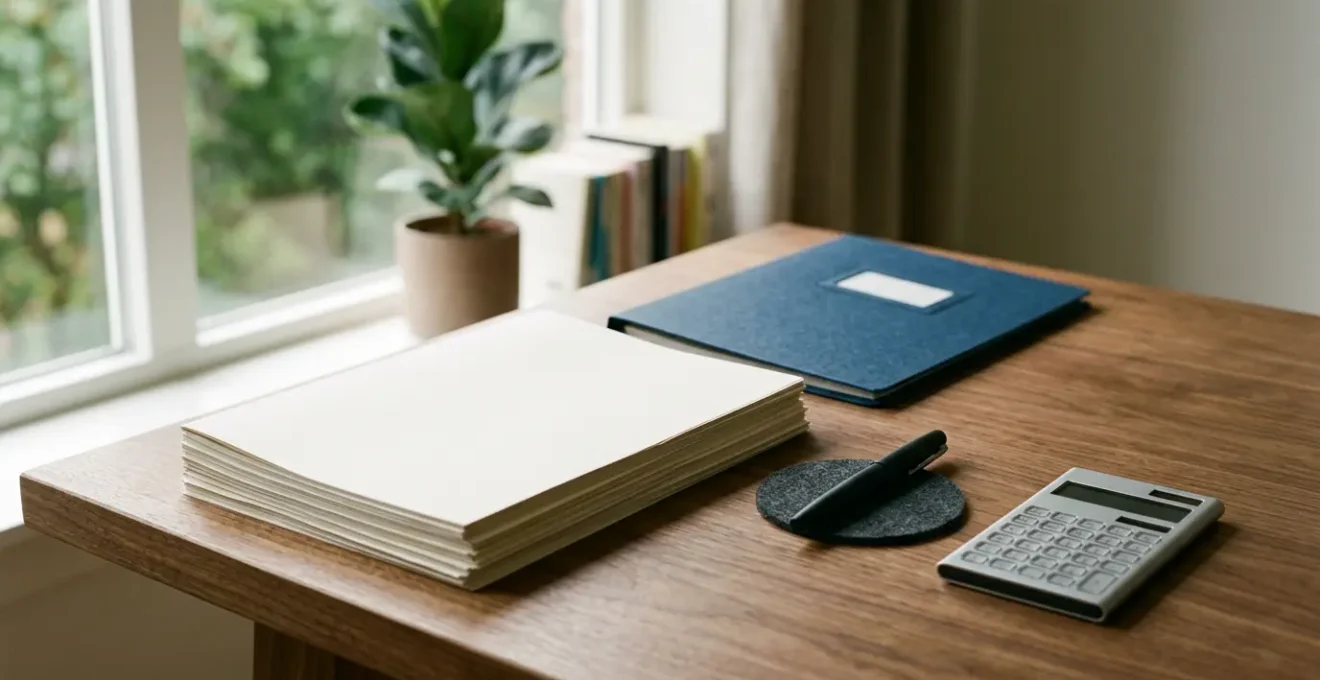 Bureau organisé avec documents de demande de subvention VAE, calculatrice et stylo