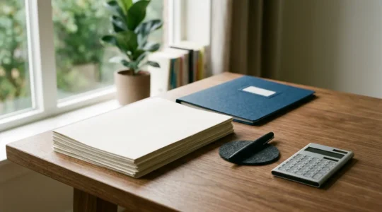 Bureau organisé avec documents de demande de subvention VAE, calculatrice et stylo